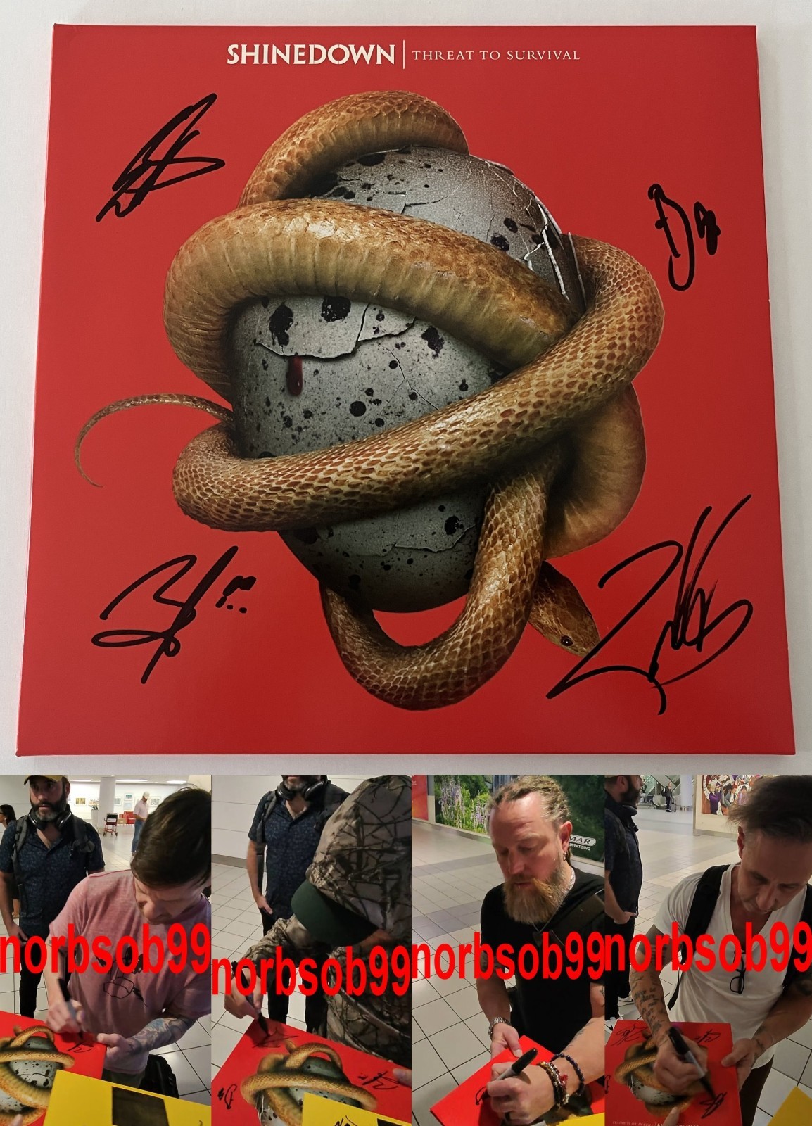SHINEDOWN BRENT SMITH +3 SIGNED THREAT TO SURVIVAL VINYL RECORD w/EXACT PROOF