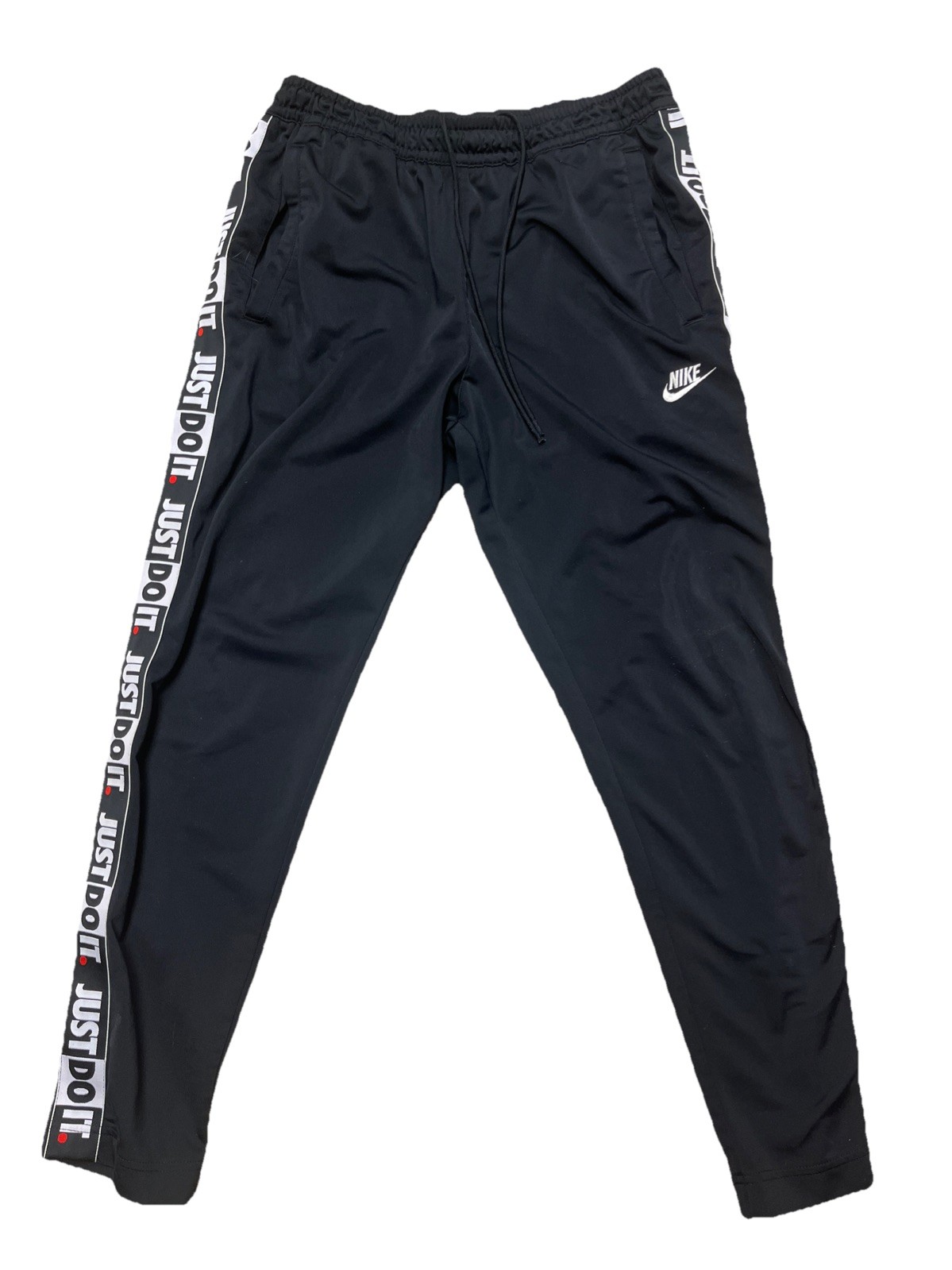 Nike Just Do It Black Logo Tape Track Pants Men MED. Joggers Athletic Streetwear