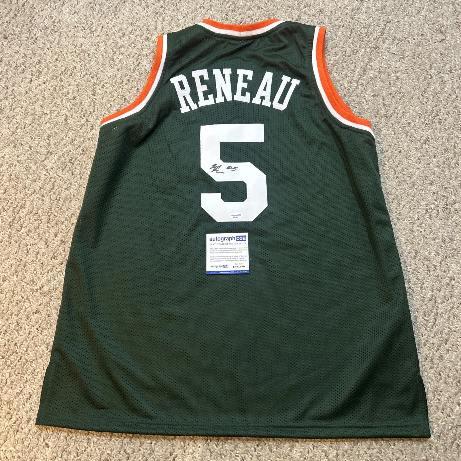 MIAMI HURRICANES- MALIK RENEAU SIGNED AUTOGRAPH JERSEY ACOA BASKETBALL STAR