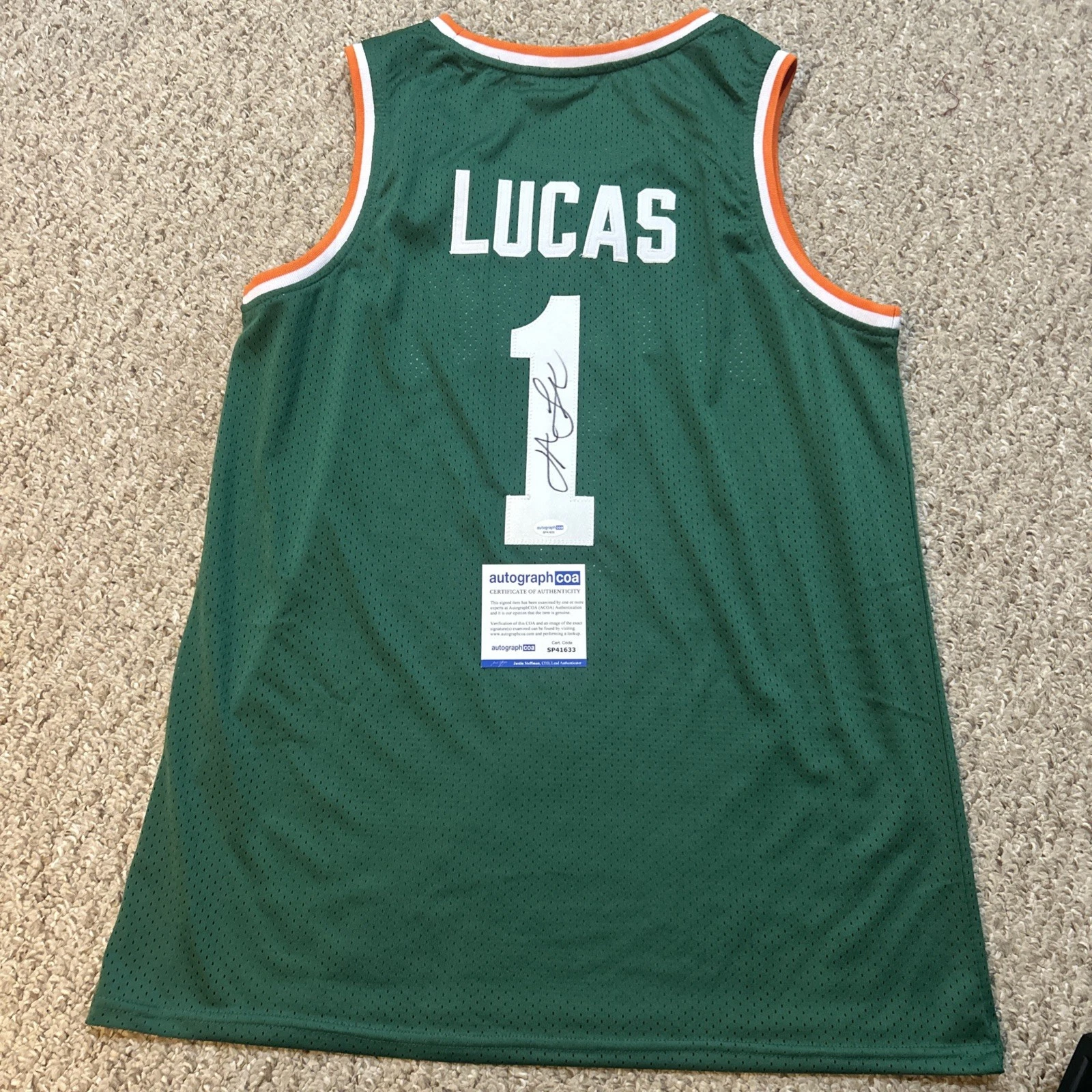 MIAMI HURRICANES- JAI LUCAS SIGNED AUTOGRAPH JERSEY ACOA BASKETBALL