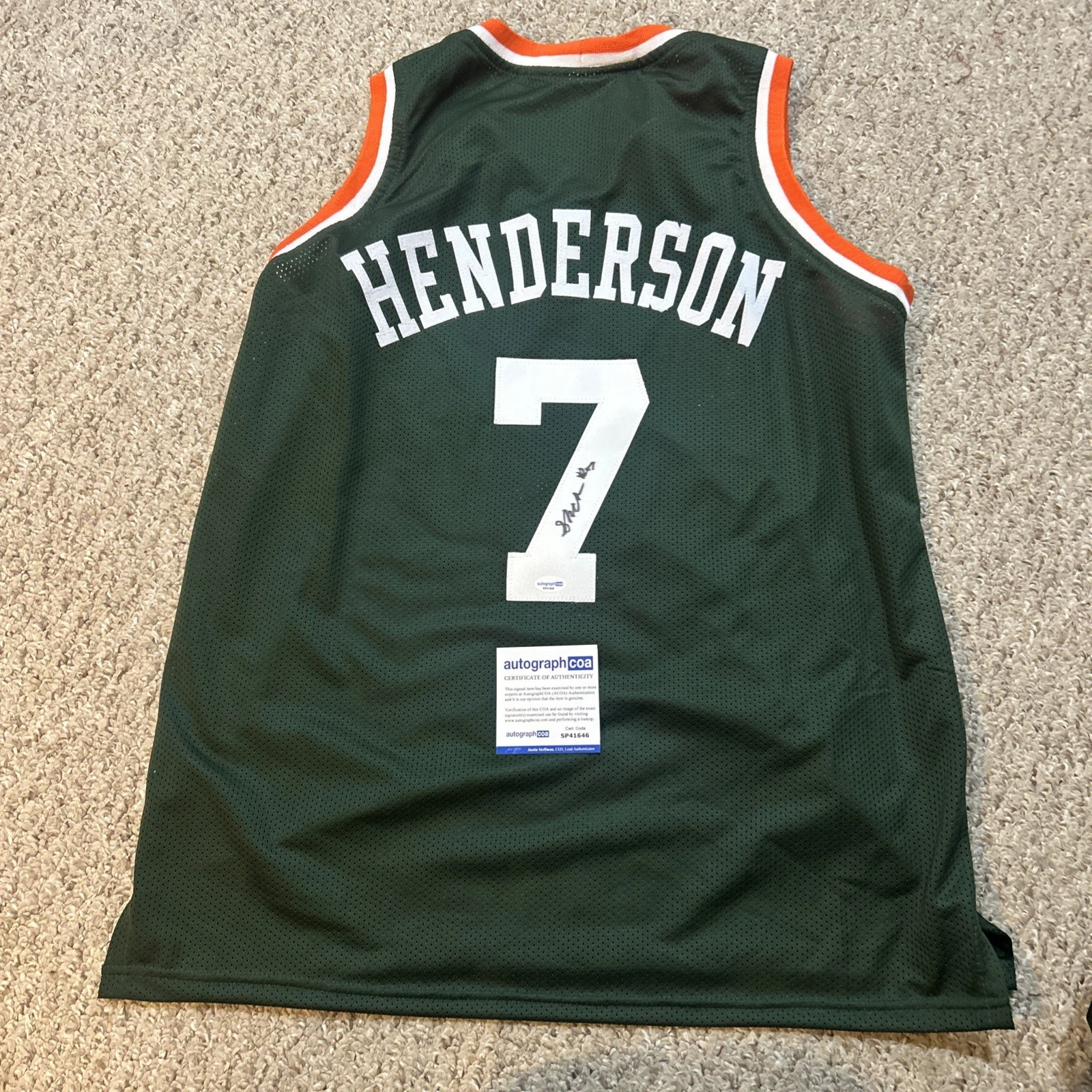 MIAMI HURRICANES- SHELTON HENDERSON SIGNED AUTOGRAPH JERSEY ACOA BASKETBALL