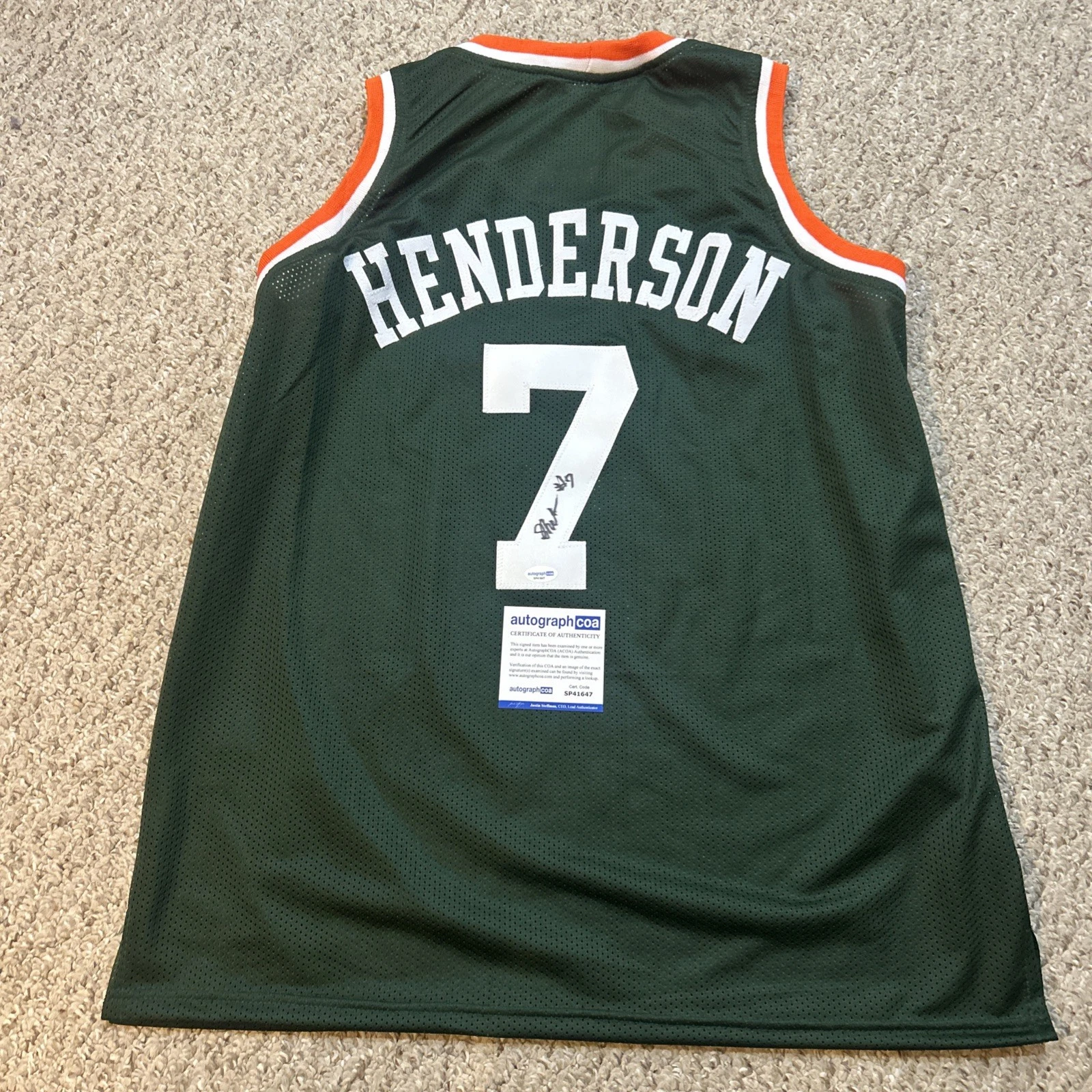 MIAMI HURRICANES- SHELTON HENDERSON SIGNED AUTOGRAPH JERSEY ACOA BASKETBALL