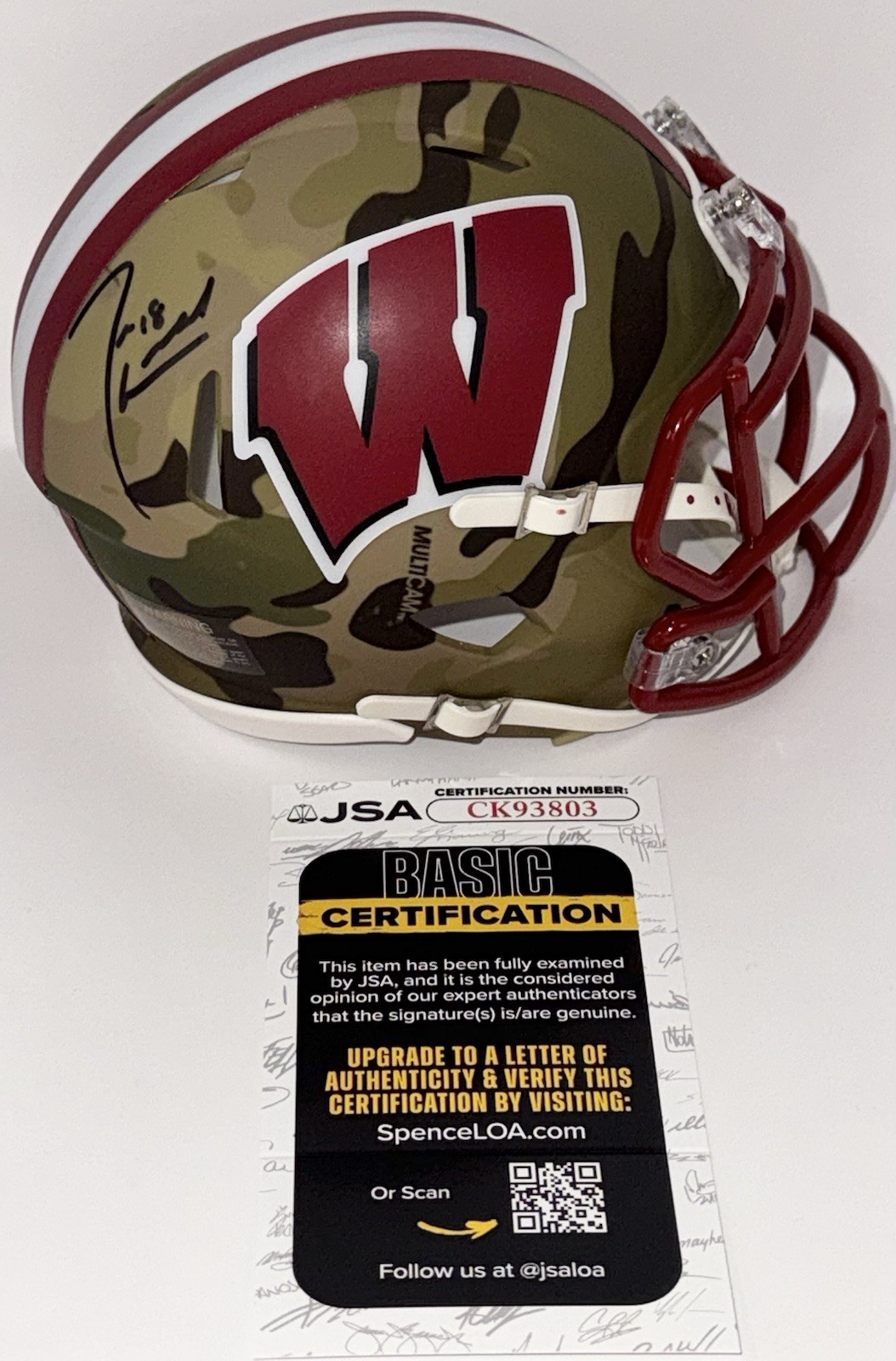 Jim Leonhard Signed Autographed Wisconsin Badgers Camo Mini Helmet JSA COA