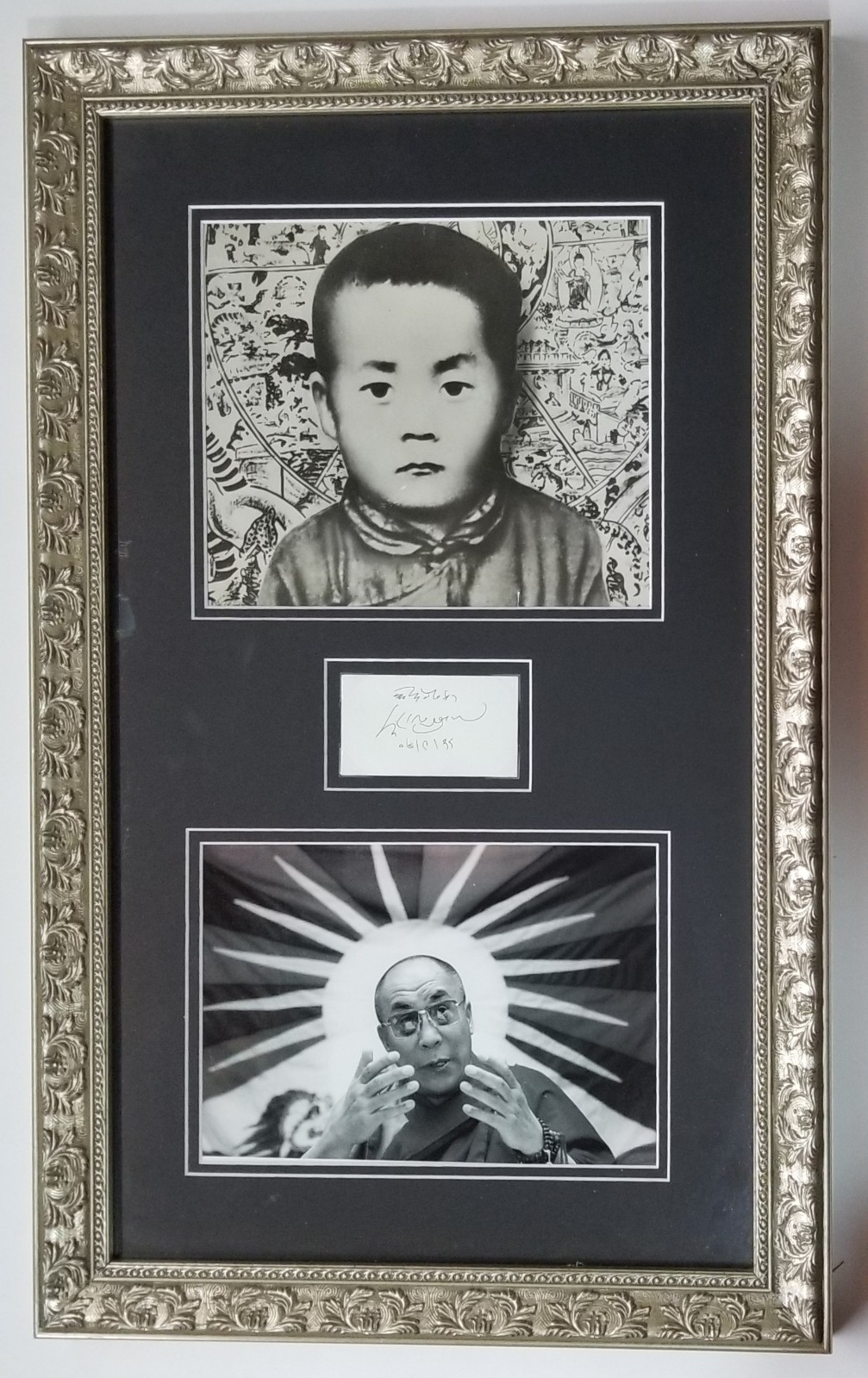 Dalai Lama hand SIGNED Business Card Double Photo Framed Display JSA LOA Tibetan