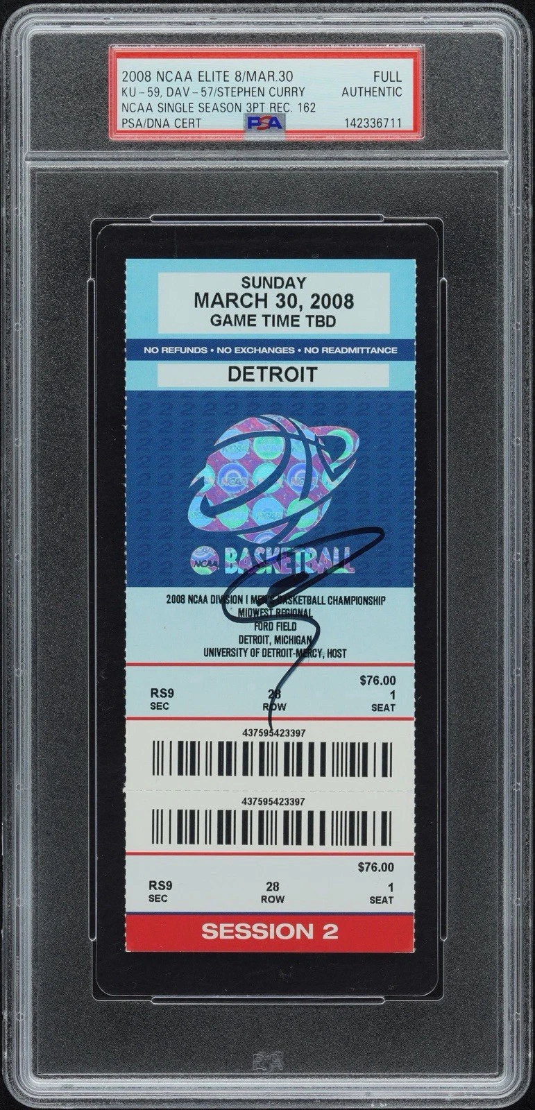 Stephen Curry Signed 2008 NCAA Elite 8 3PT Record 162 Ticket PSA AUTO DAVIDSON