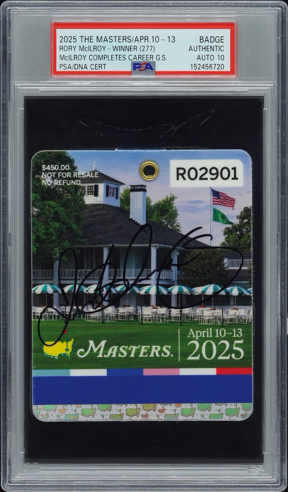 Rory McIlroy Signed 2025 Masters Badge Grand Slam Champion PSA GEM MINT 10 AUTO