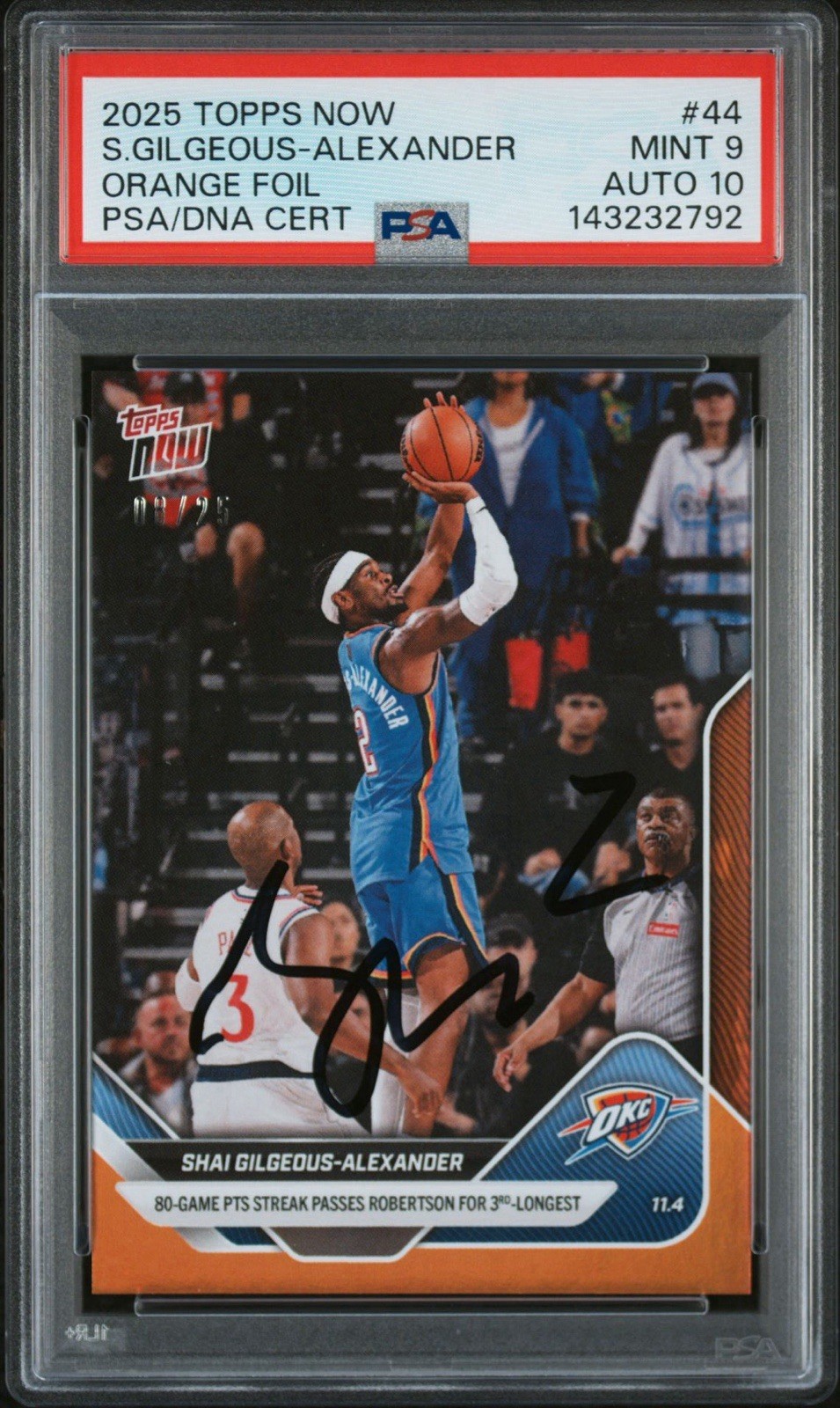 2025 Topps Now NBA #44 Shai Gilgeous-Alexander Orange Foil /25 PSA 9/AUTO 10