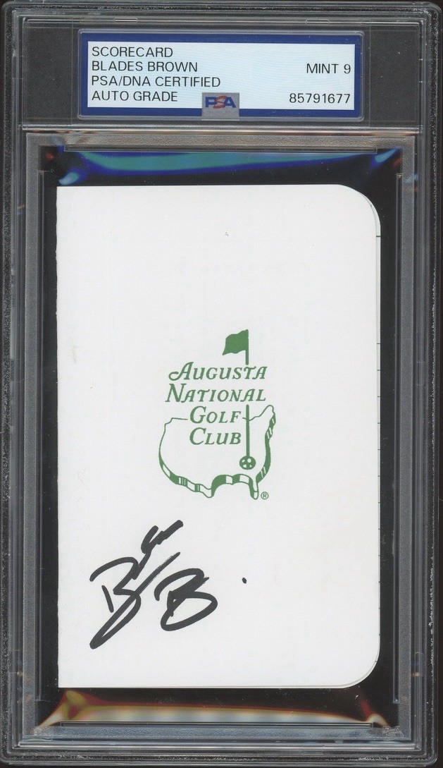 Blades Brown Signed Augusta Masters Golf Scorecard PSA/DNA MINT 9 AUTO PGA TOUR
