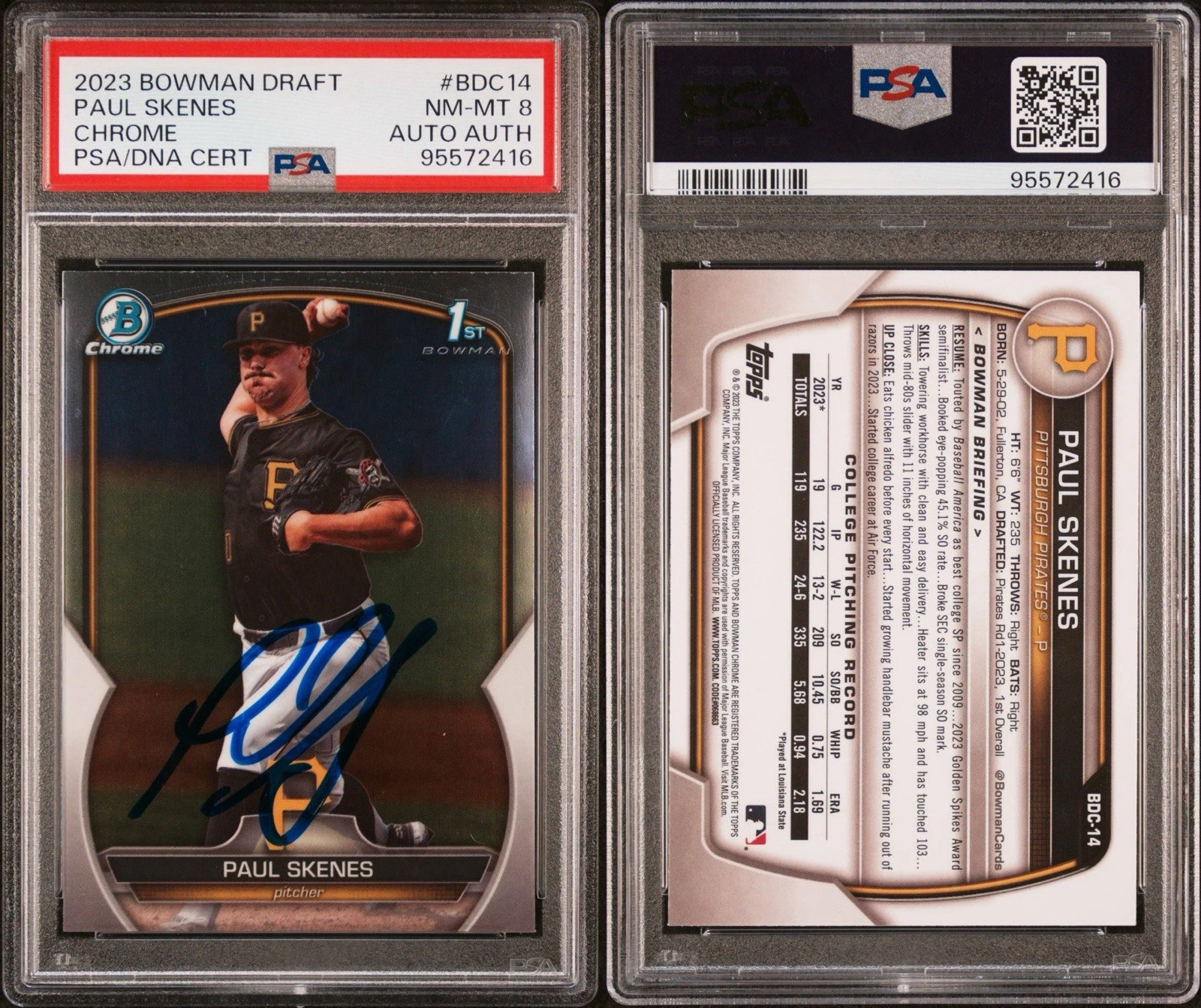 Paul Skenes Signed 2023 Bowman Draft Chrome Prospect Rookie Auto #BDC14 PSA 8
