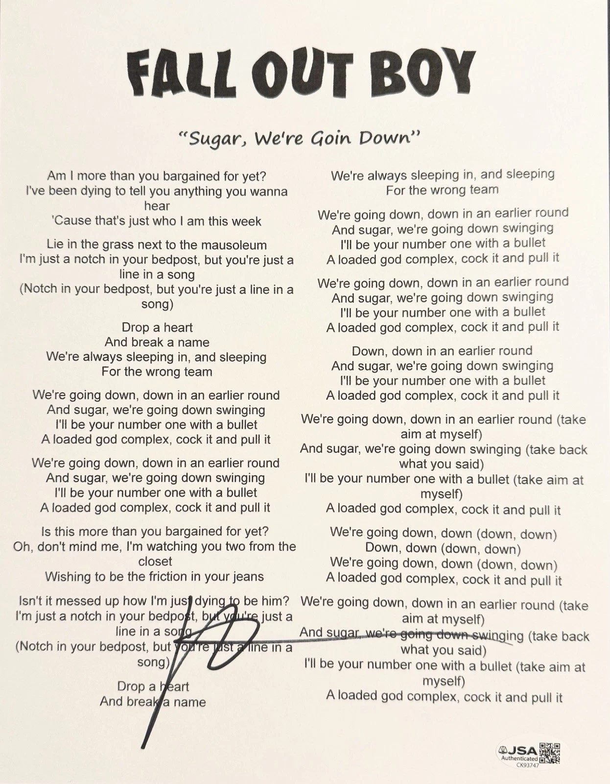 Patrick Stump Signed Auto Fall Out Boys Lyric Sheet JSA Sugar, We’re Goin Down