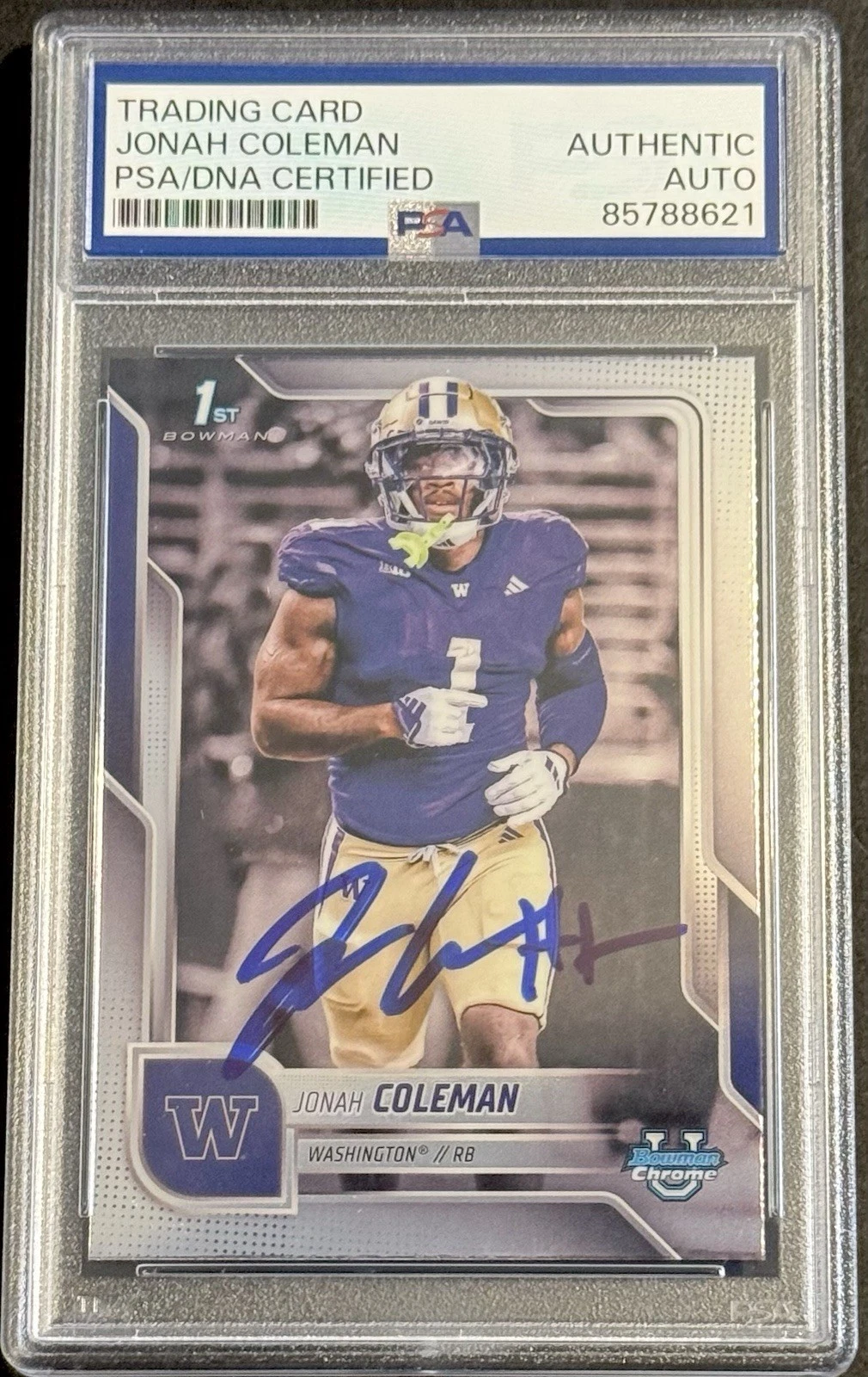 Jonah Coleman Signed 2025 Bowman Chrome U Rookie Card PSA/DNA Slabbed Washington
