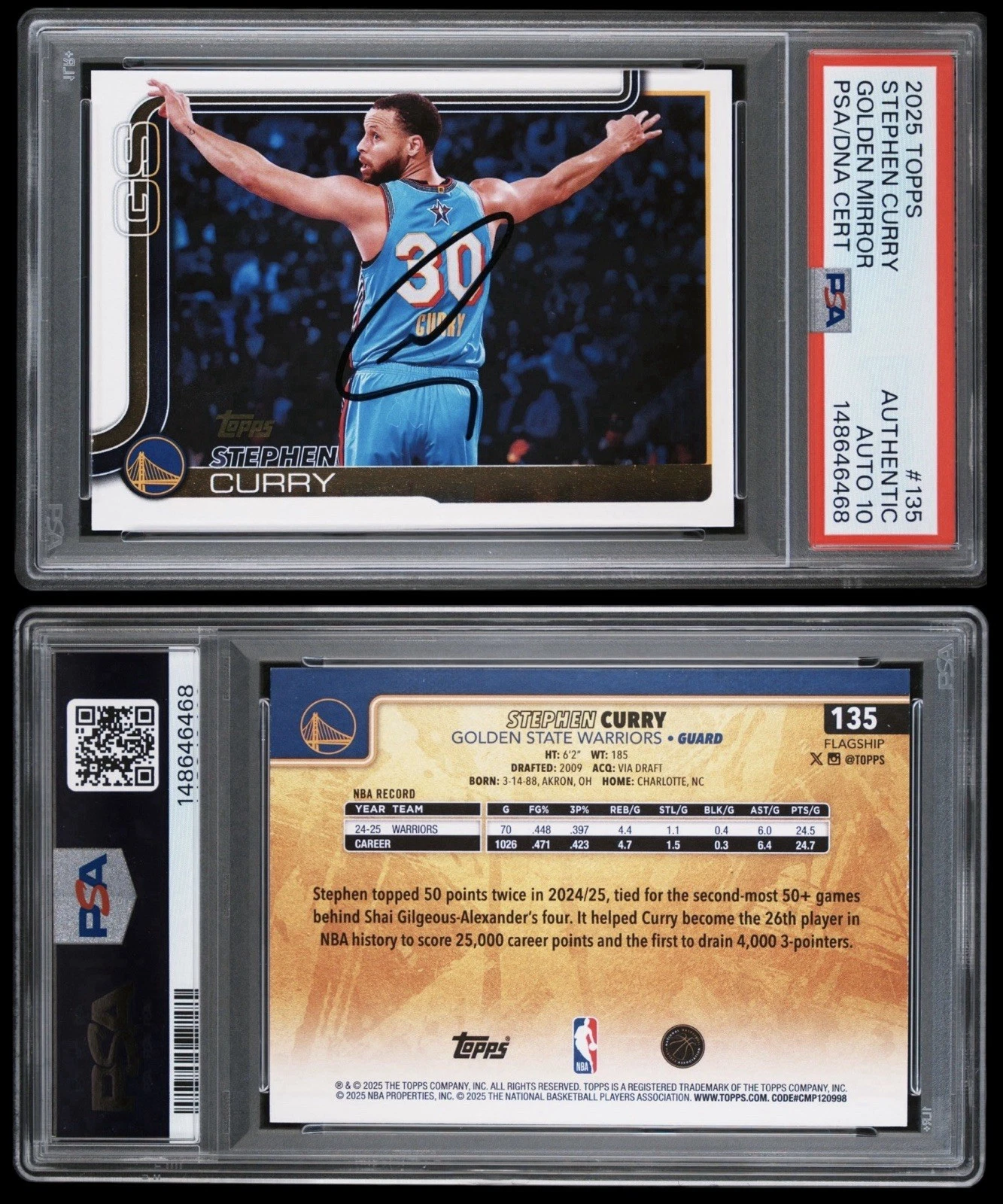 2025 Topps NBA #135 Stephen Curry Signed Golden Mirror SSP Card Psa/Dna Auto 10