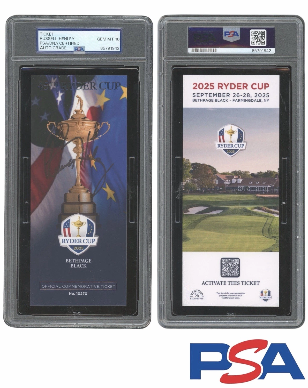 Russell Henley Signed 2025 Ryder Cup Ticket Stub PSA 10 AUTO Bethpage Black USA