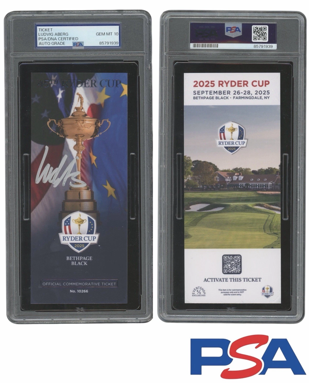 Ludvig Aberg Signed 2025 Ryder Cup Ticket Stub PSA 10 AUTO Bethpage Black EUROPE