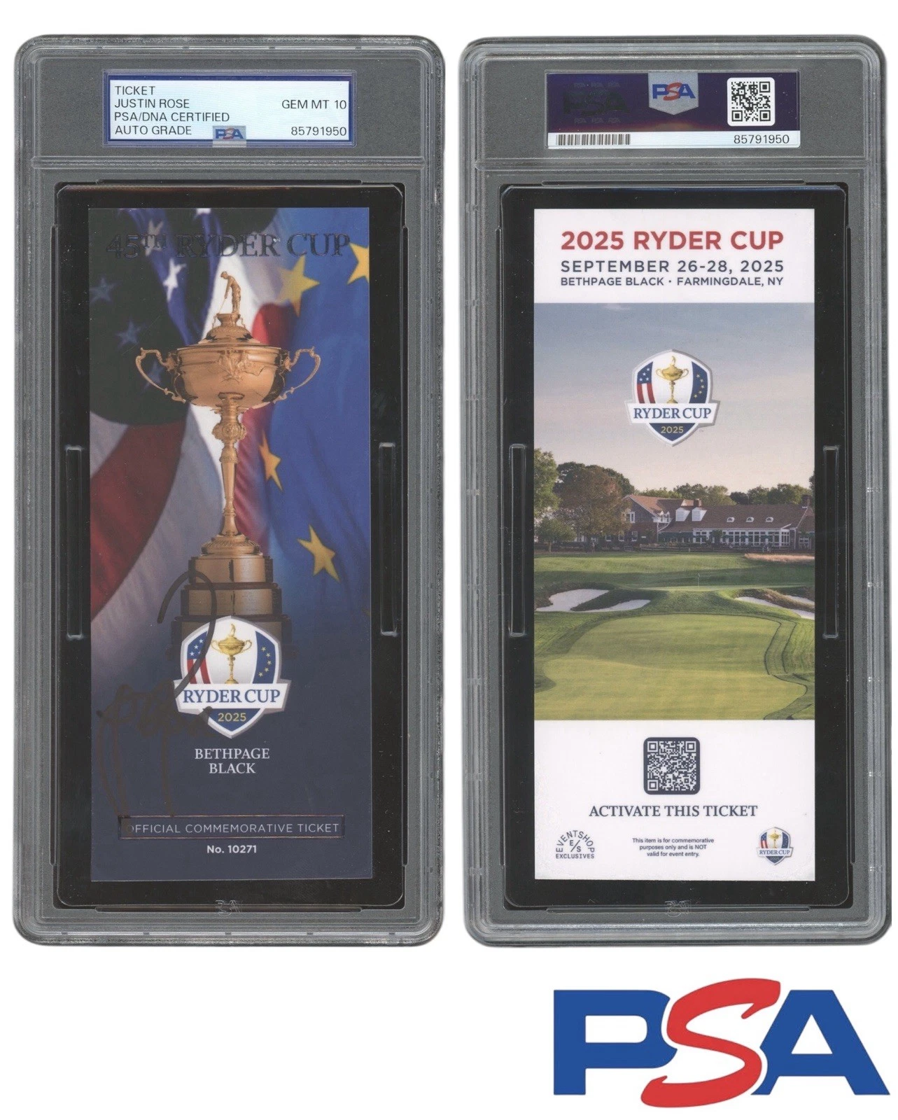 Justin Rose Signed 2025 Ryder Cup Ticket Stub PSA 10 AUTO Bethpage Black EUROPE