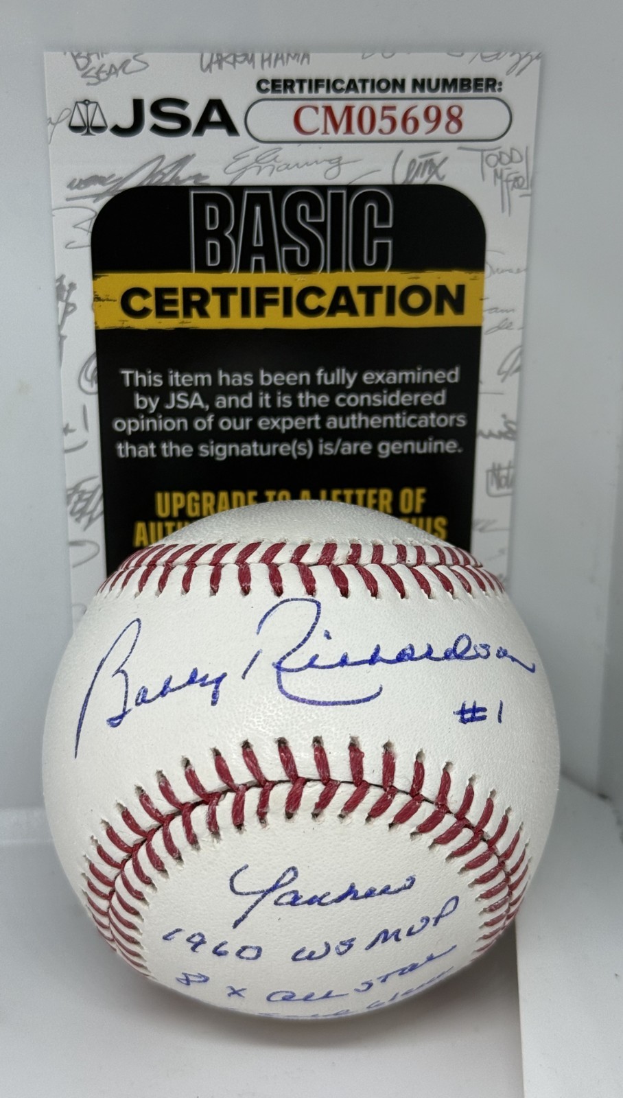 Bobby Richardson New York Yankees signed MLB Baseball Ball + Inscriptions JSA