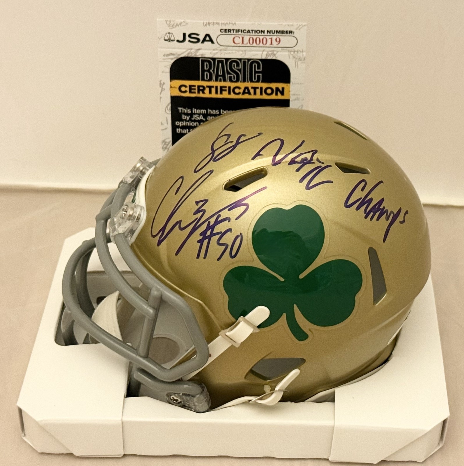Chris Zorich signed Notre Dame Irish Shamrock mini helmet Champs Inscription JSA