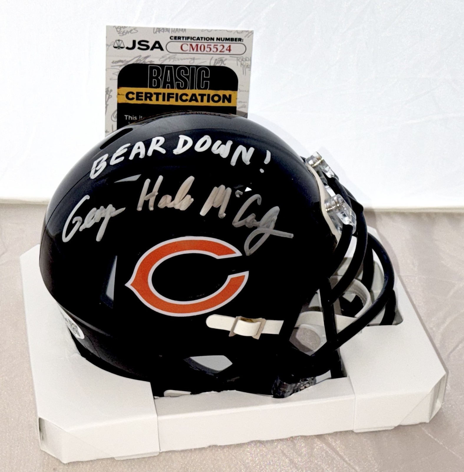 George Halas McCaskey signed Chicago Bears mini helmet W/ Bear Down Inscrip JSA