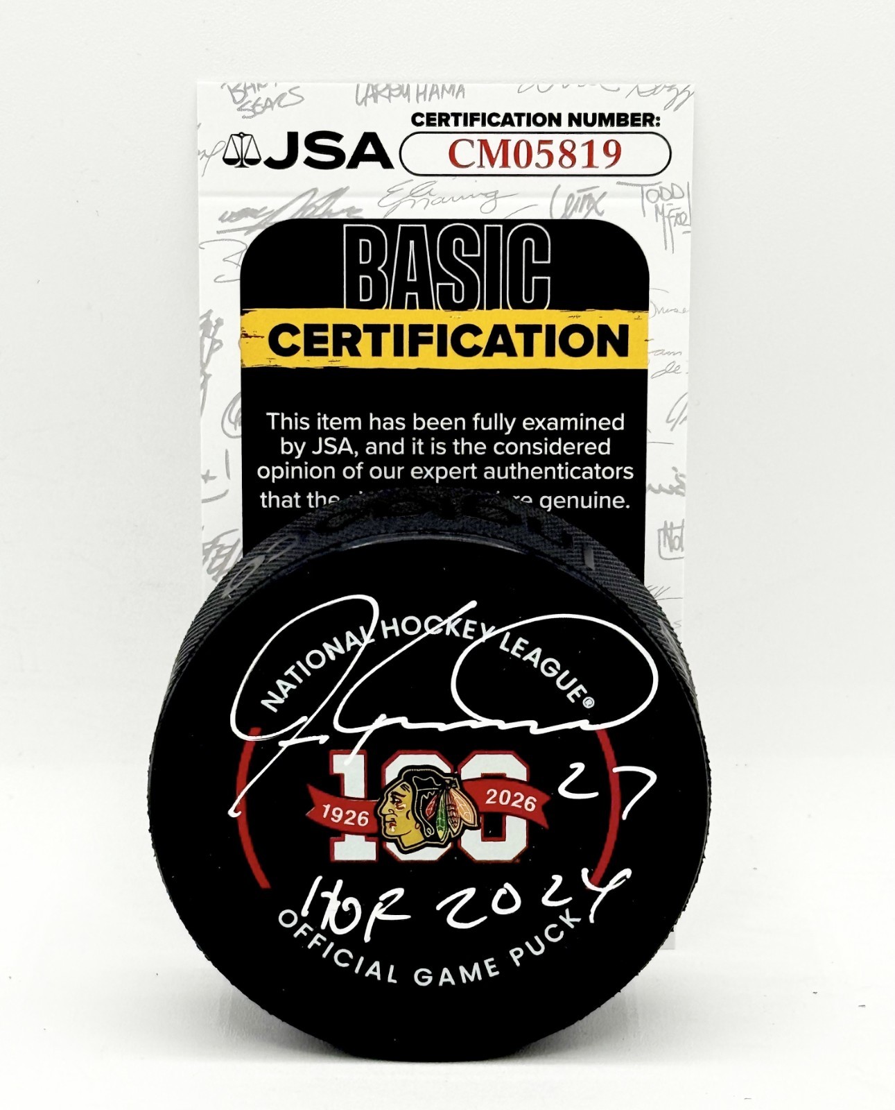 Jeremy Roenick signed Chicago Blackhawks 100th Anniversary Game Puck + HOF JSA