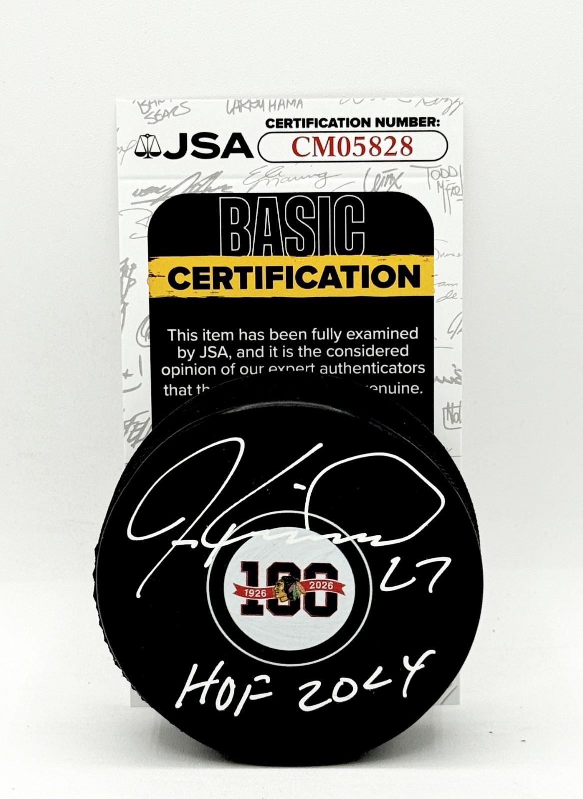 Jeremy Roenick signed Chicago Blackhawks 100th Anniversary Logo Puck + HOF JSA