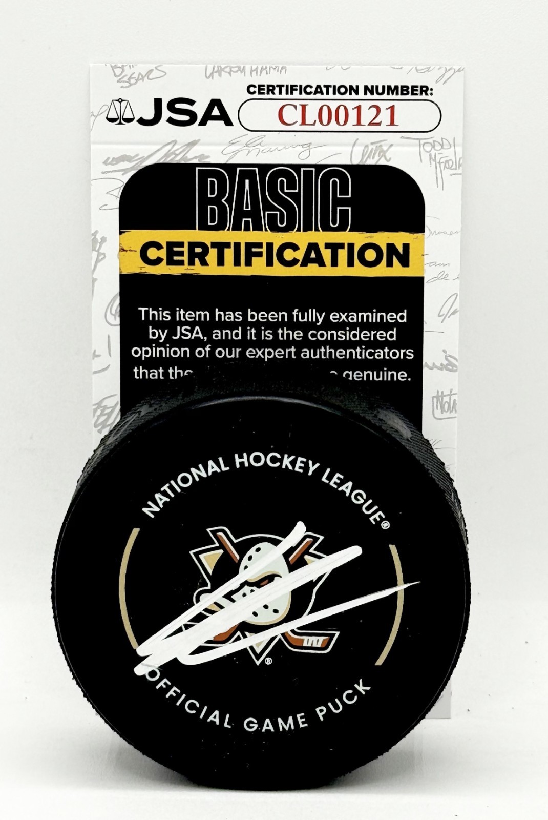 Leo Carlsson signed Anaheim Ducks Official Game Puck autographed JSA