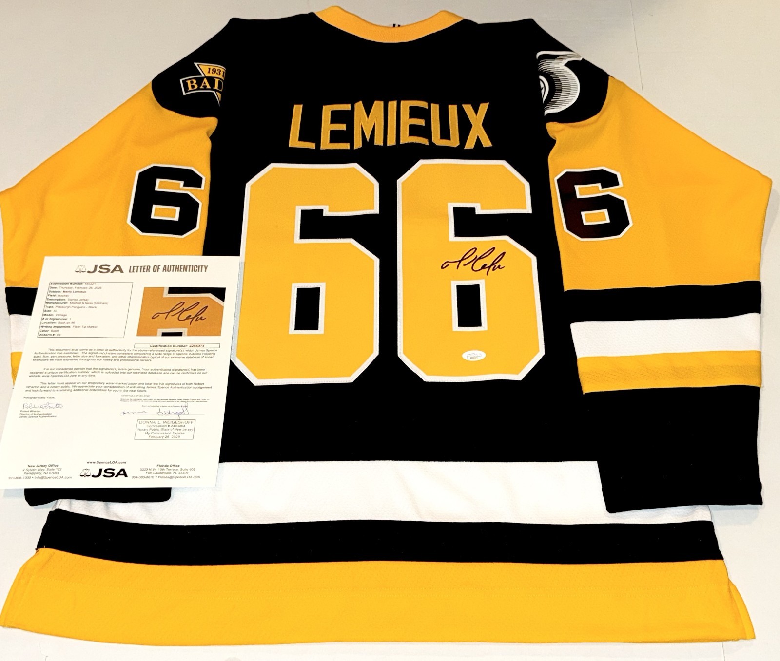 Mario Lemieux signed Pittsburgh Penguins Mitchell & Ness 1992 Cup jersey JSA