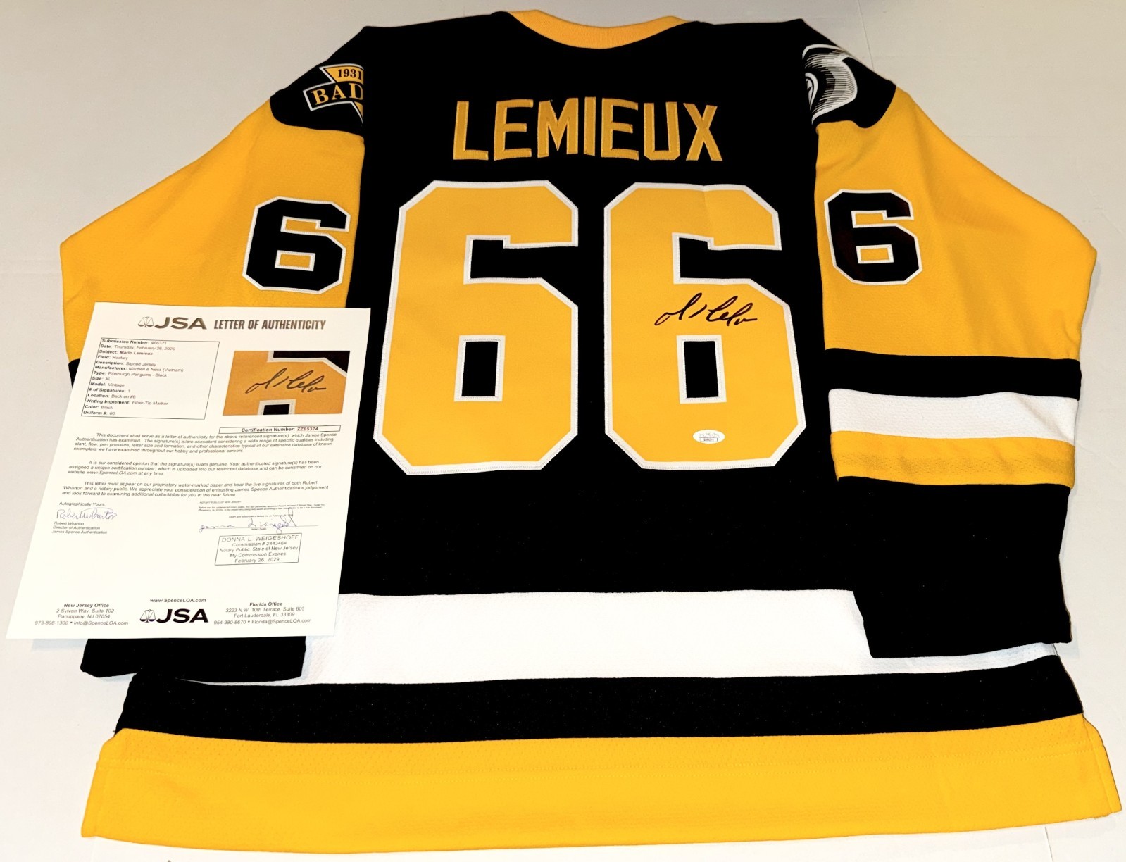 Mario Lemieux signed Pittsburgh Penguins Mitchell & Ness 1992 Cup XL jersey JSA