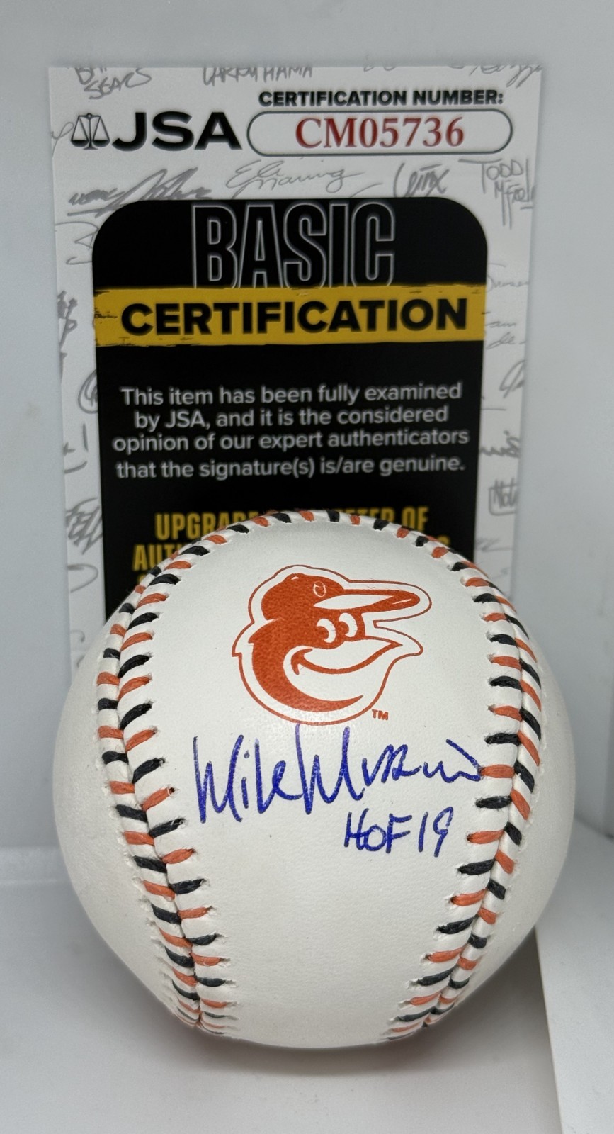 Mike Mussina signed Baltimore Orioles Logo Baseball Ball W/ HOF Inscription JSA