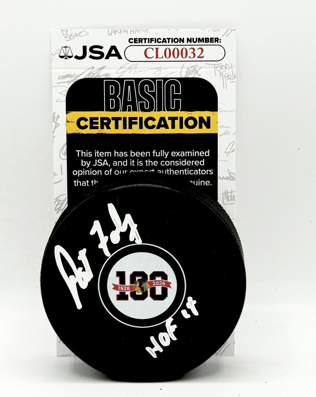 Pat Foley signed Chicago Blackhawks 100th Anniversary Logo Puck W/ HOF Insc. JSA