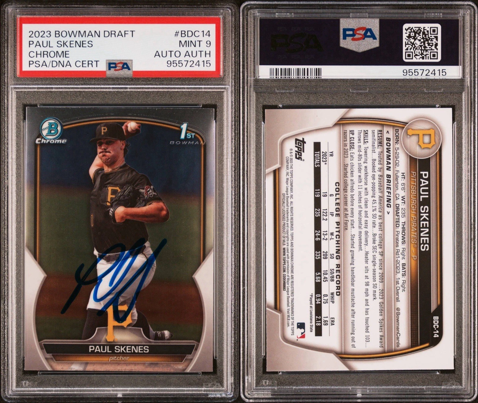 Paul Skenes Signed 2023 Bowman Draft Chrome Prospect Rookie Auto #BDC14 PSA 9