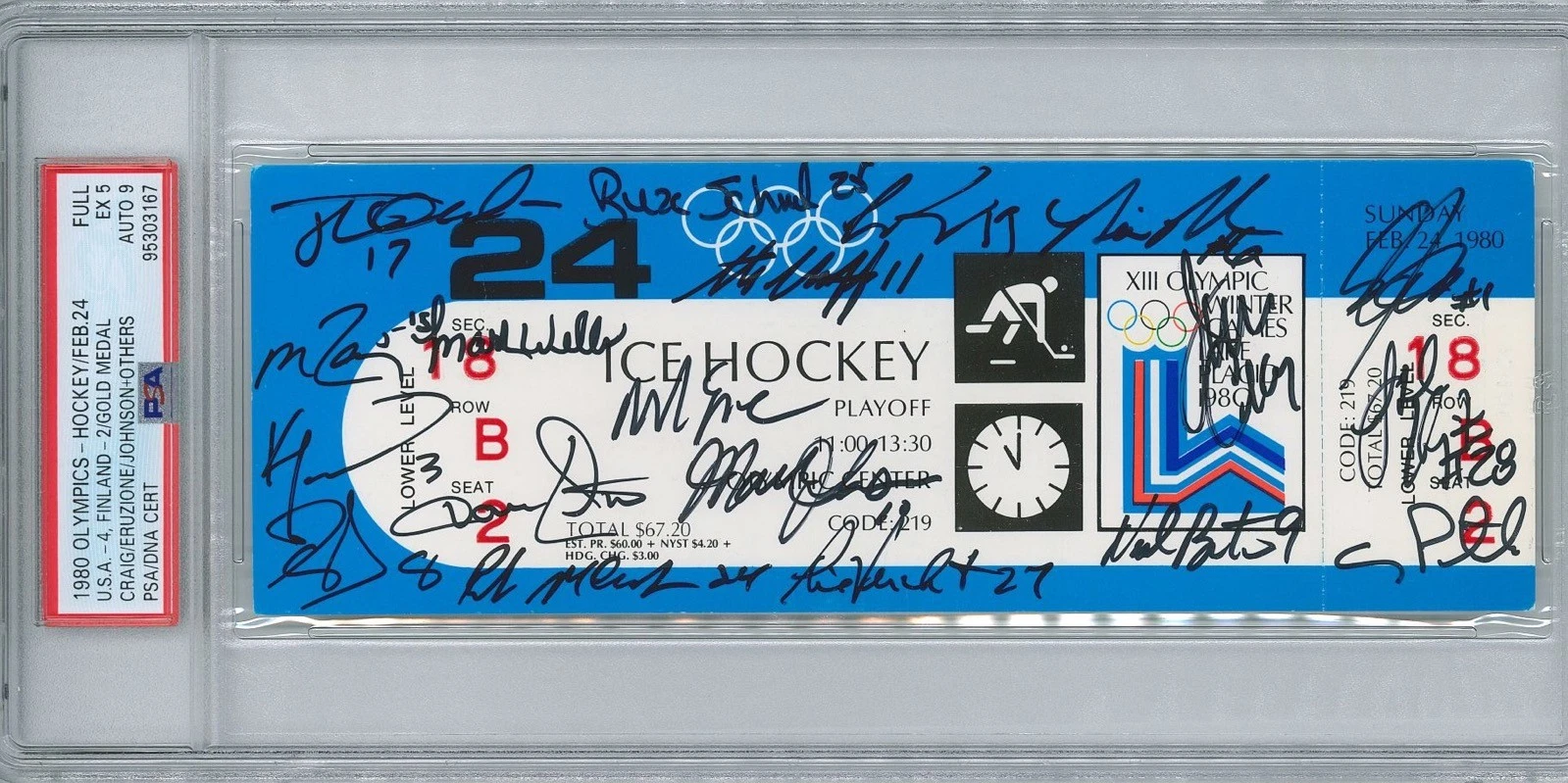 1980 USA OLYMPIC HOCKEY TEAM SIGNED GOLD MEDAL FULL TICKET 19 AUTOS PSA