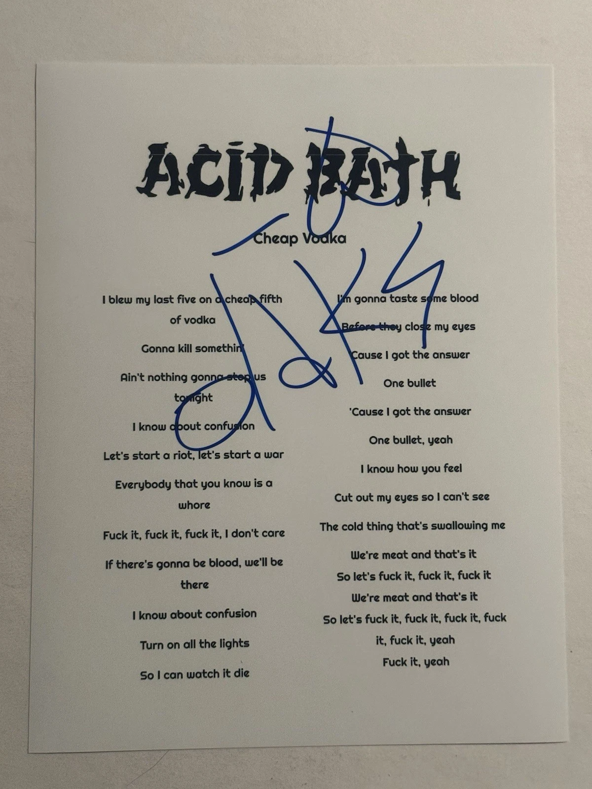 DAX RIGGS ACID BATH LEAD BAND SINGER SIGNED LYRIC SHEET AUTOGRAPHED COA