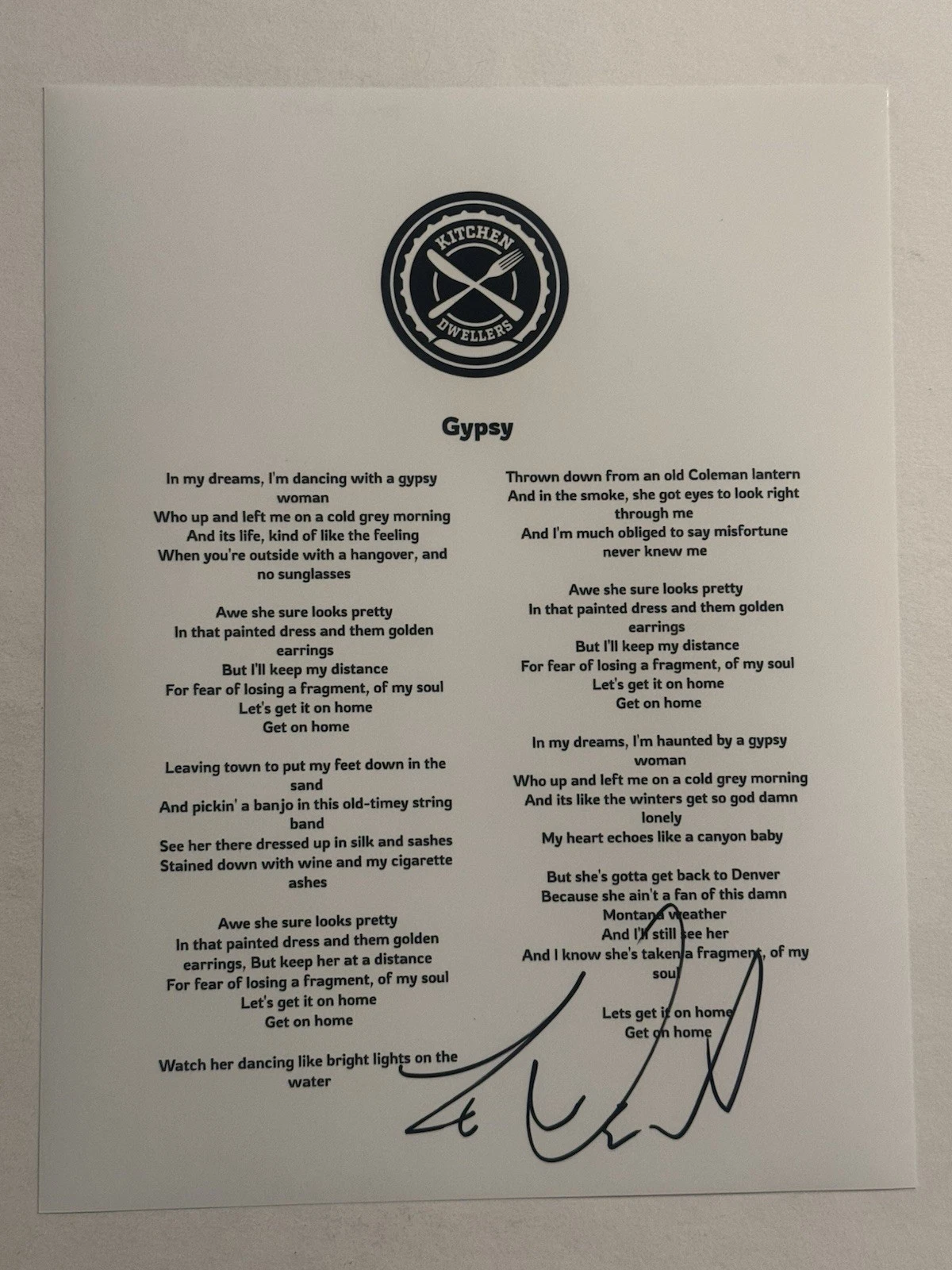 TORRIN DANIELS KITCHEN DWELLERS BAND SINGER SIGNED LYRIC SHEET AUTOGRAPHED COA