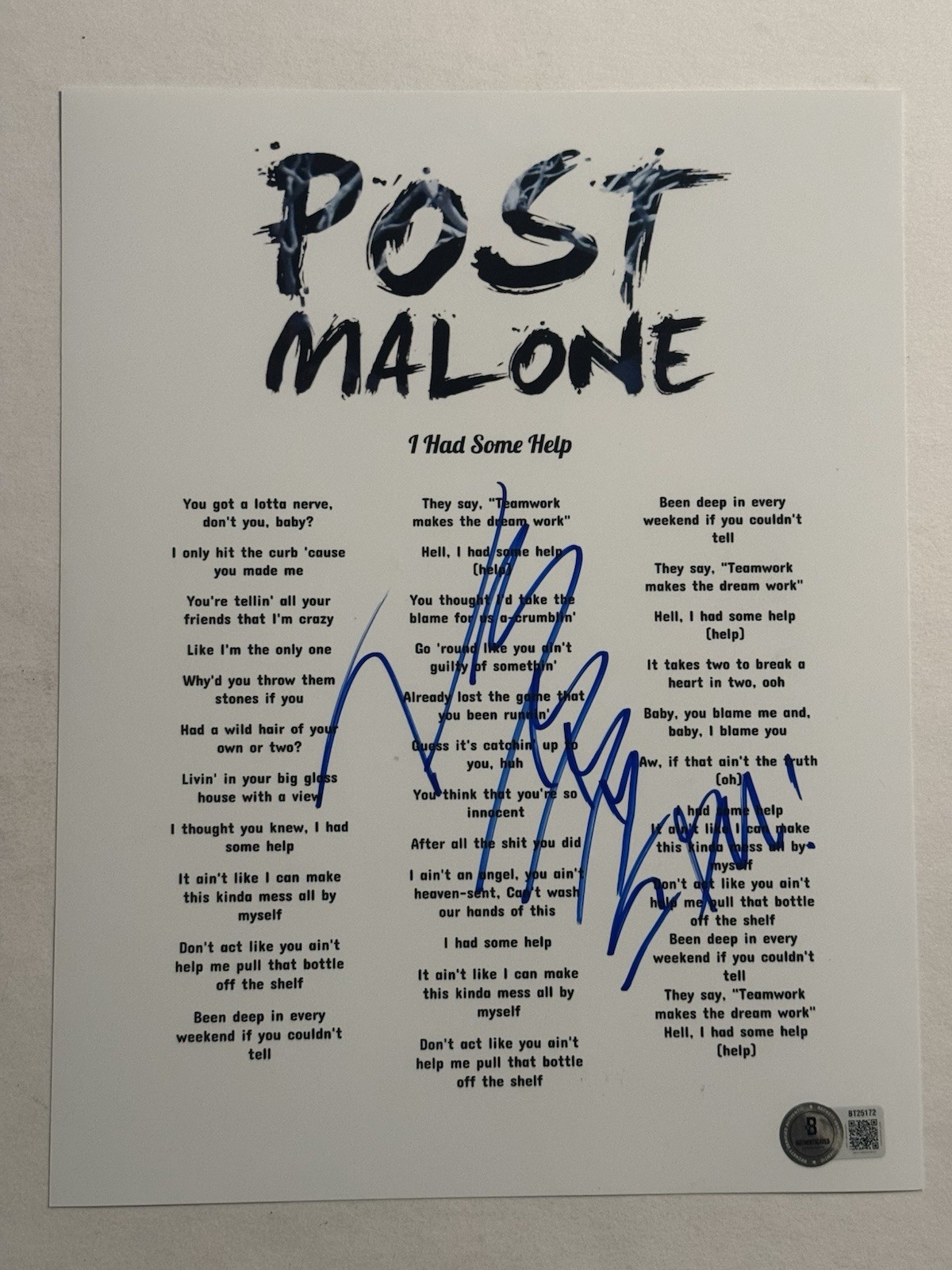 POST MALONE SIGNED I HAD SOME HELP  LYRIC SHEET AUTOGRAPHED SINGER RARE BAS COA