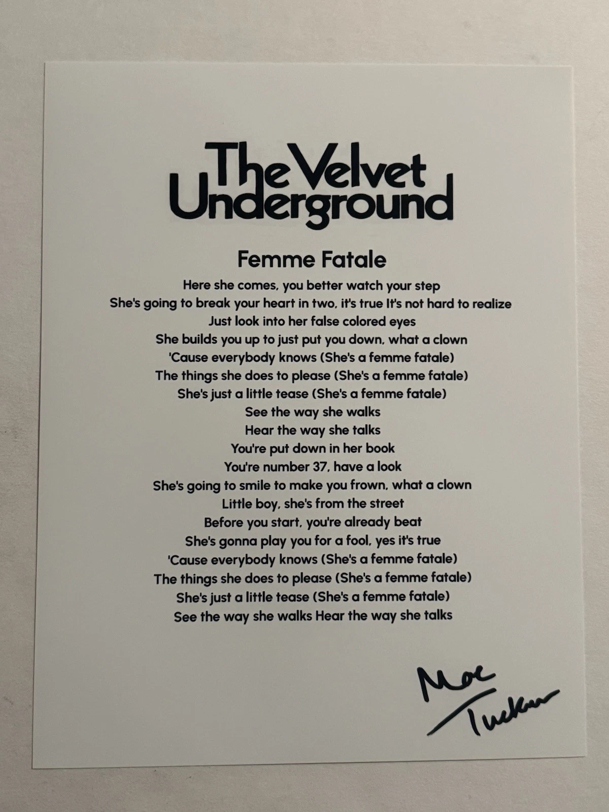MOE TUCKER SIGNED LYRIC SHEET AUTOGRAPHED THE VELVET UNDERGROUND DRUMMER COA