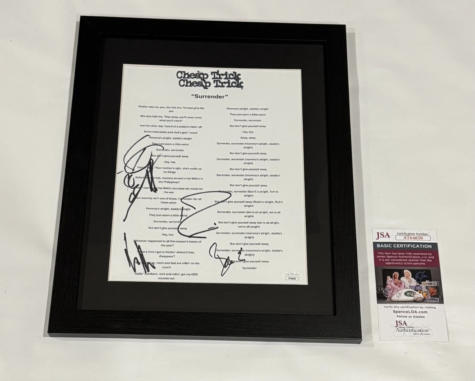 CHEAP TRICK SIGNED SURRENDER LYRIC SHEET ZANDER NIELSEN TOM BUN ALL 4 JSA COA
