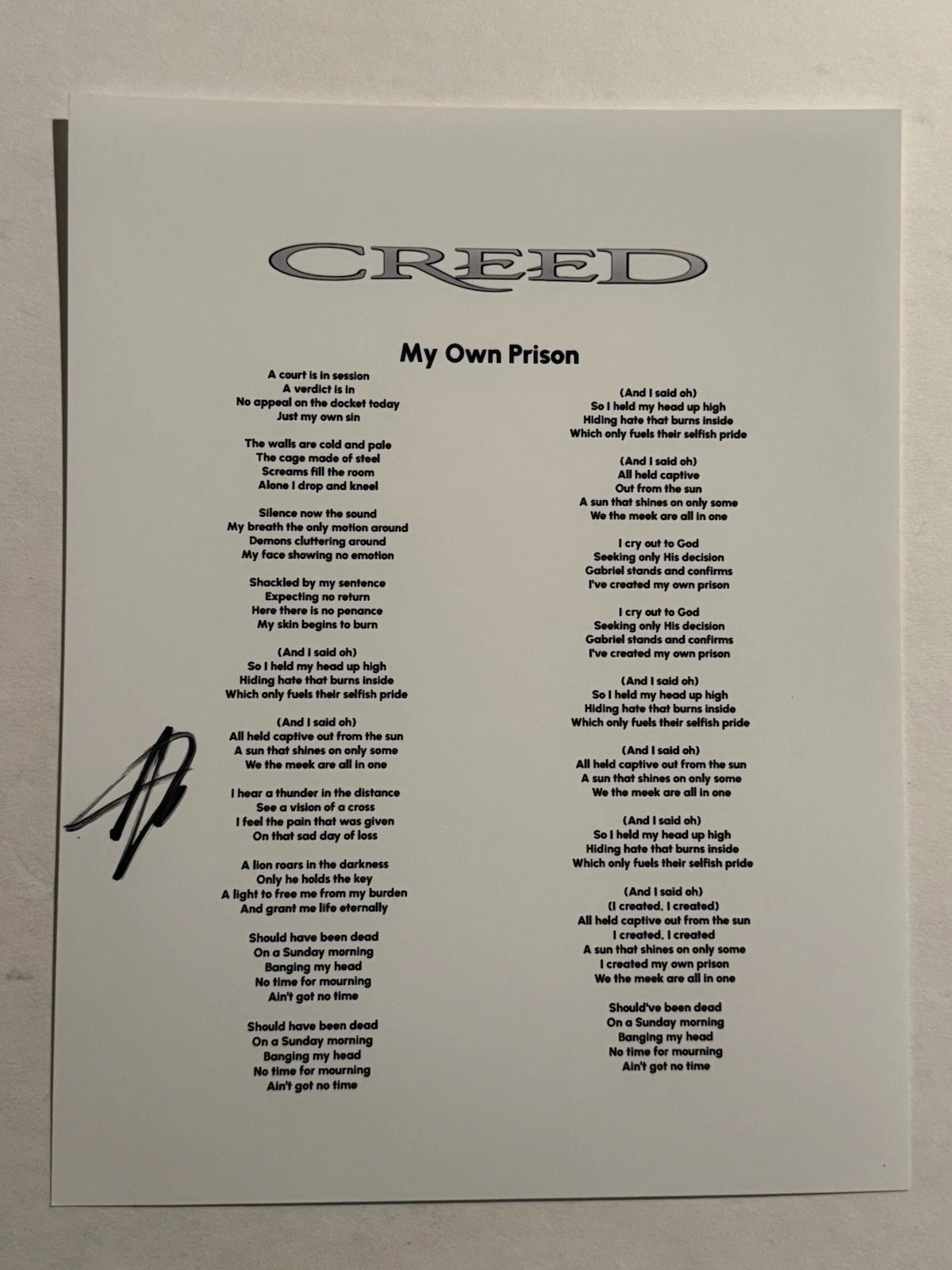 SCOTT STAPP SIGNED LYRIC SHEET AUTOGRAPHED CREED BAND LEAD SINGER RARE COA