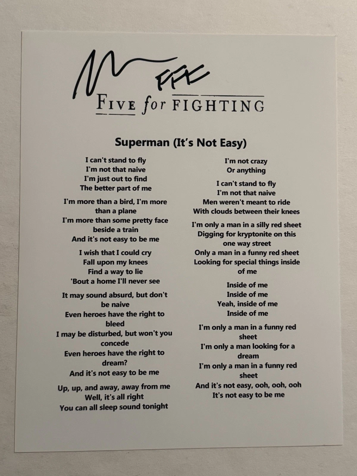 FIVE FOR FIGHTING SIGNED LYRIC SHEET AUTOGRAPHED SINGER RARE JOHN ONDRASIK COA