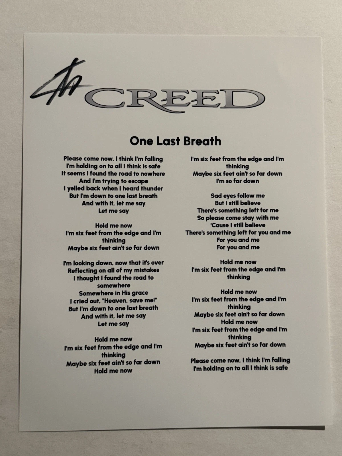 SCOTT STAPP SIGNED LYRIC SHEET AUTOGRAPHED CREED BAND LEAD SINGER RARE COA