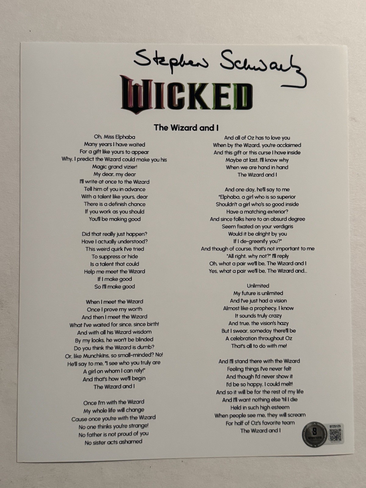 STEPHEN SCHWARTZ SIGNED LYRIC SHEET AUTOGRAPHED WICKED MOVIE COMPOSER BAS COA