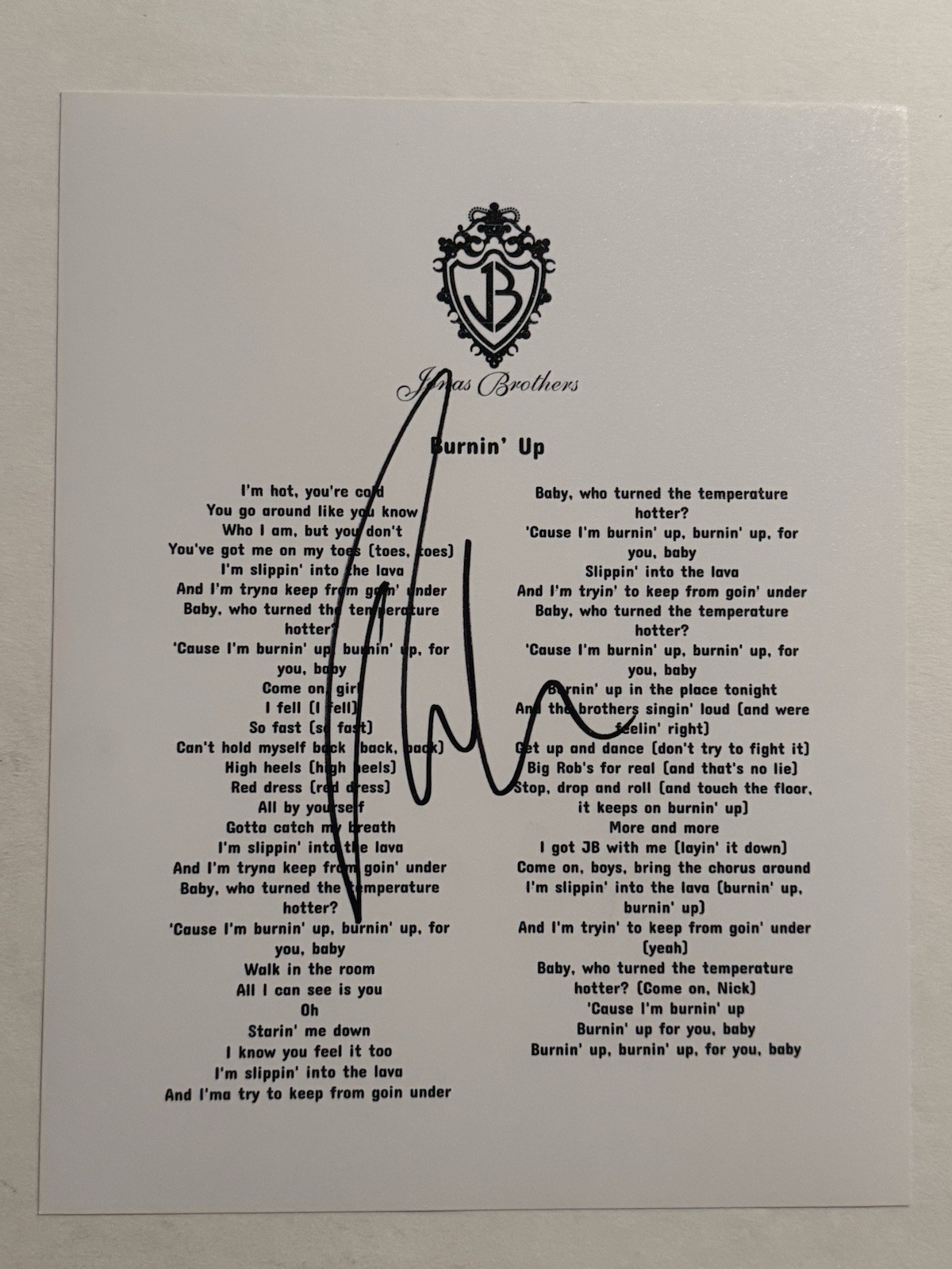 NICK JONAS SIGNED LYRIC SHEET AUTOGRAPHED JONAS BROTHERS SINGER LEGEND COA