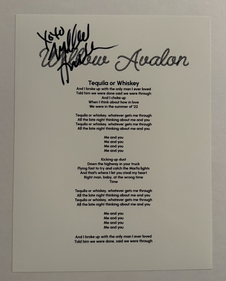 WILLOW AVALON SIGNED LYRIC SHEET AUTOGRAPHED HOT COUNTRY SINGER STAR RARE COA