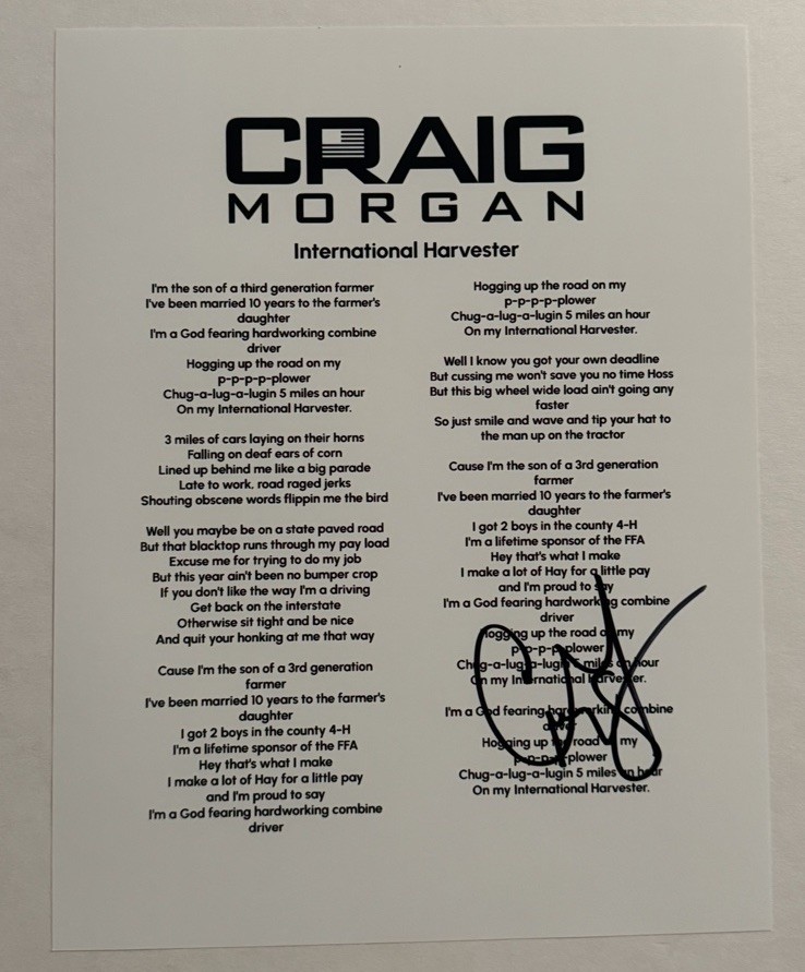 CRAIG MORGAN SIGNED LYRIC SHEET AUTOGRAPHED COUNTRY SINGER STAR VERY RARE COA