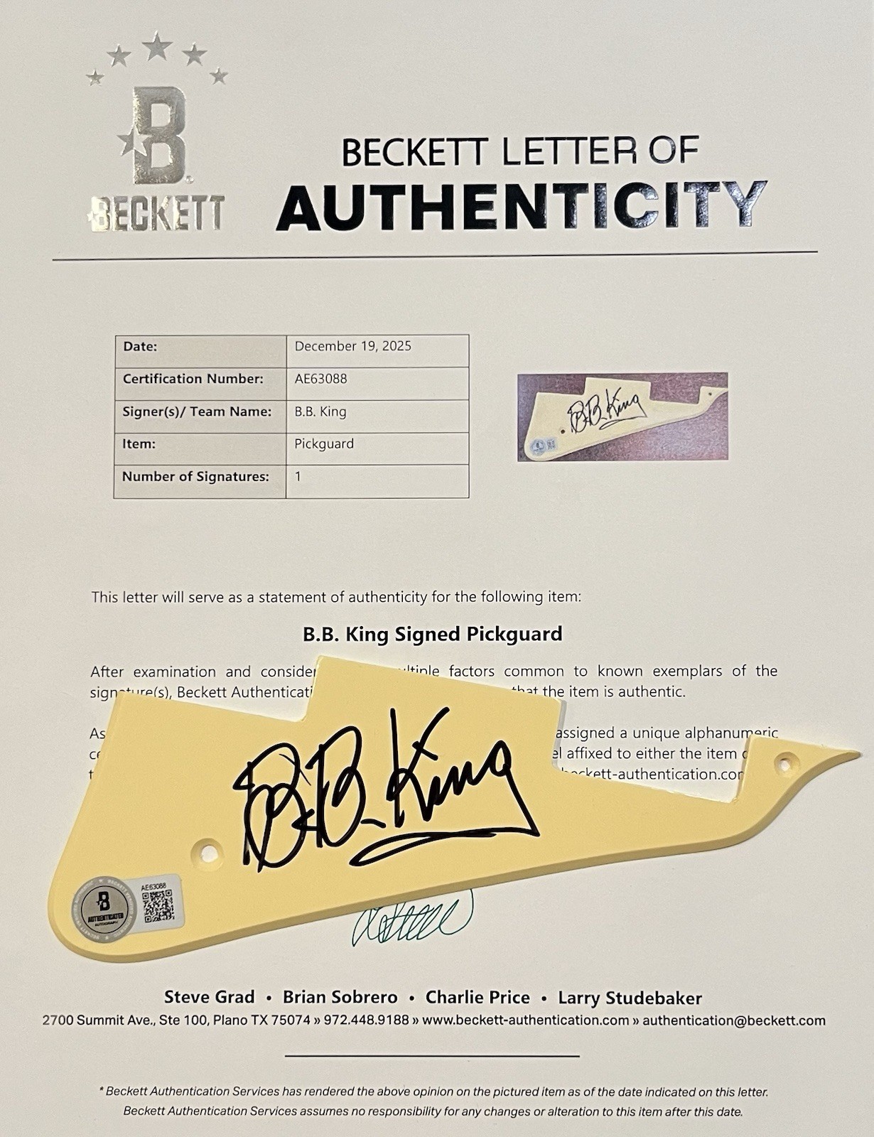 BB King Signed Autographed LP Style Guitar Pickguard BAS Certified