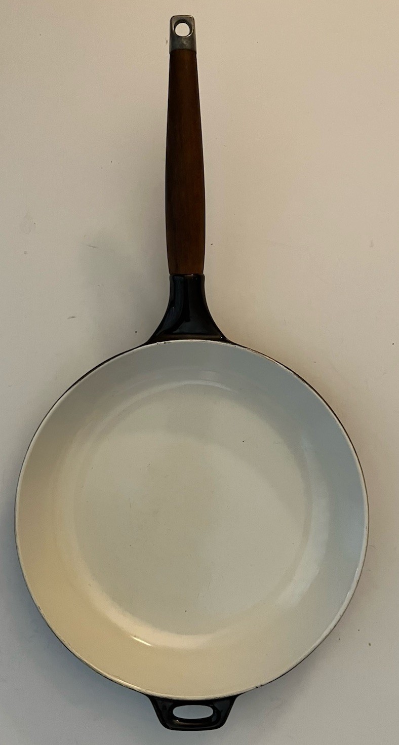 Vintage Copco Michael Lax Brown Enamel Cast Iron Wood Handle Skillet, 10 Inch
