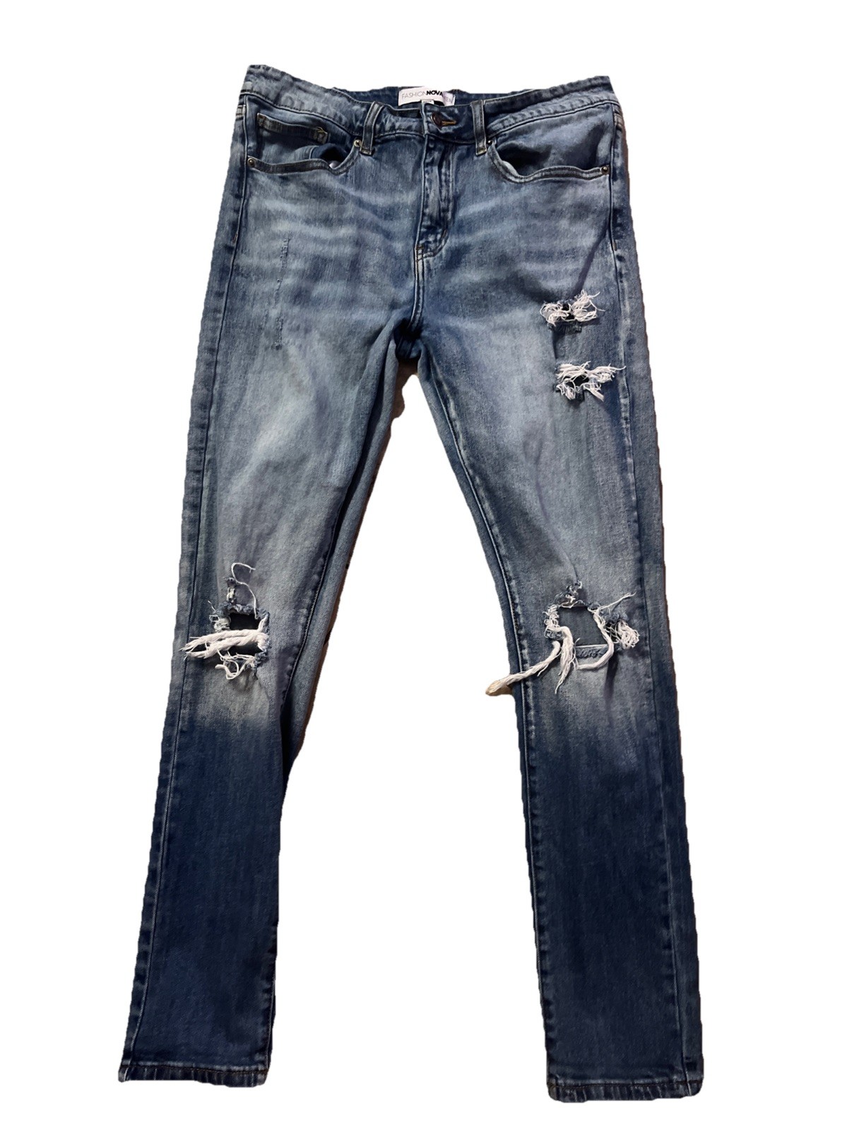 Fashion Nova Mens Distressed Skinny Blue Jeans Sz 32 30 Ripped Knee