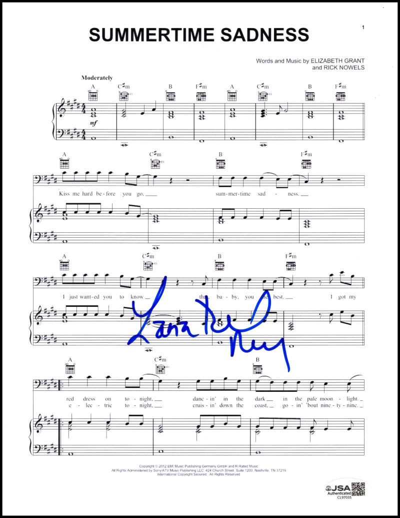 Lana Del Rey Signed Autograph Summertime Sadness Sheet Music w/ JSA COA