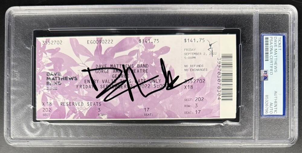 Dave Matthews Signed Autograph Gorge Amp 2022 Encapsulated Ticket PSA/DNA Band