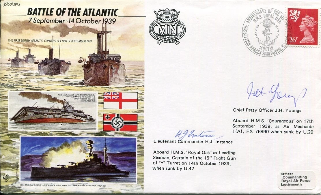 Howard J. Instance J H Young WWII War HMS Royal Oak Courageous Signed Autograph