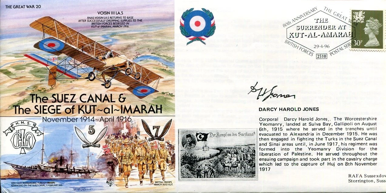 Darcy Harold Jones WWI War Suez Canal & Siege of Kut-al-Imarah Signed Autograph